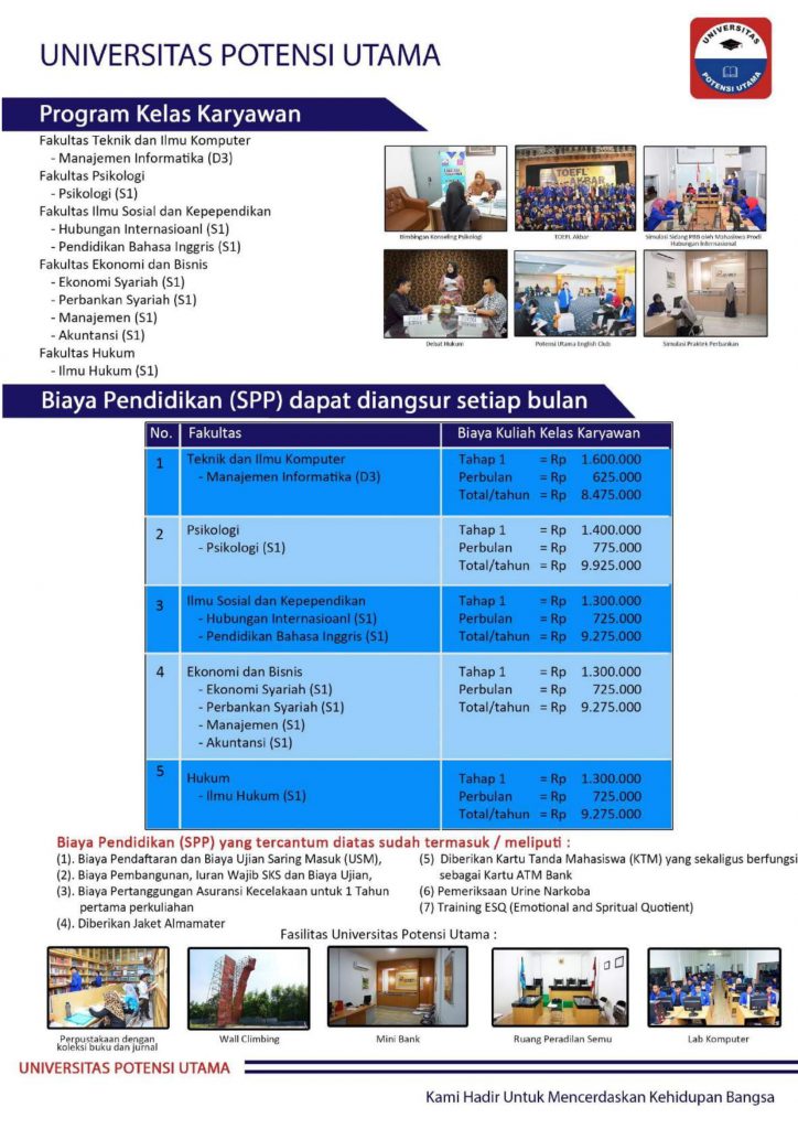 Biaya Kuliah Universitas Potensi Utama Medan Tahun 2020